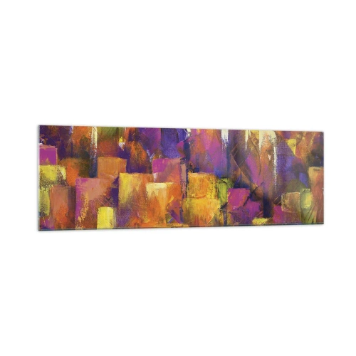 Impression sur verre - Image sur verre - Composition abstraite d'une métropole dans les tons jaune et violet - 160x50cm - Composition métropolitaine - Décoration murale moderne pour le salon et la chambre ARTTOR
