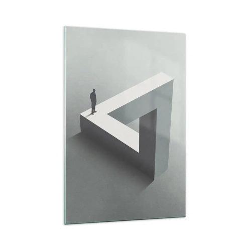 Impression sur verre - Image sur verre - Une figure debout sur un triangle de Penrose dans des tons de gris. - 70x100cm - Mais c'est possible - Décoration murale moderne pour le salon et la chambre ARTTOR