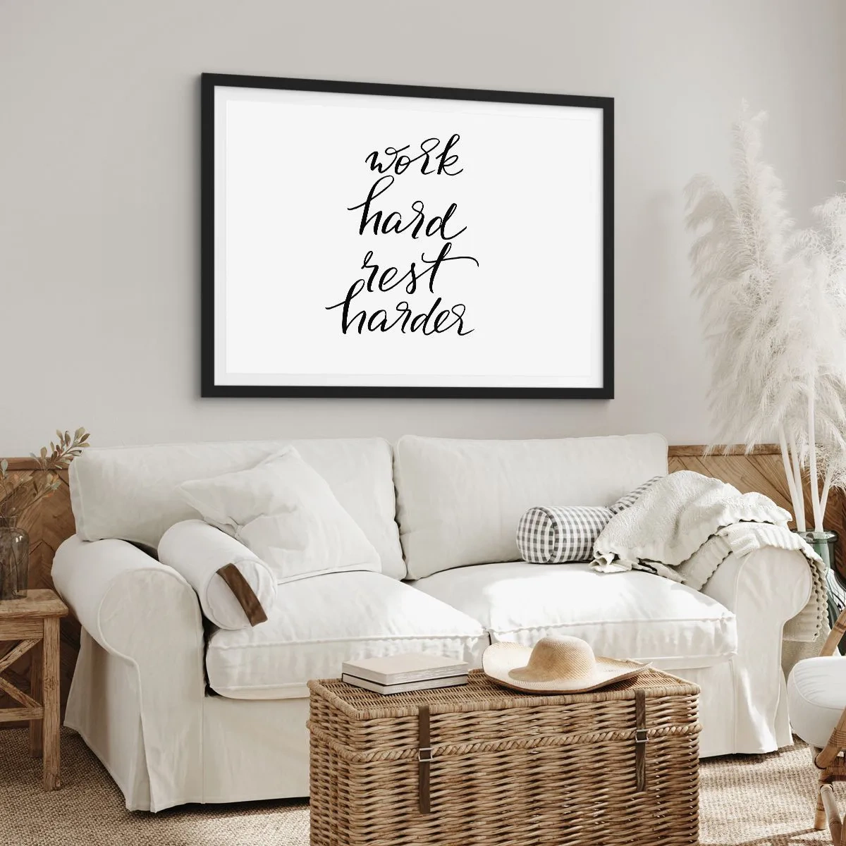 Affiche dans un cadre noir - Poster - Citation « Travaillez dur, reposez-vous plus dur » sur fond blanc - 70x50cm - Équilibre de vie - Décoration murale moderne pour le salon et la chambre ARTTOR
