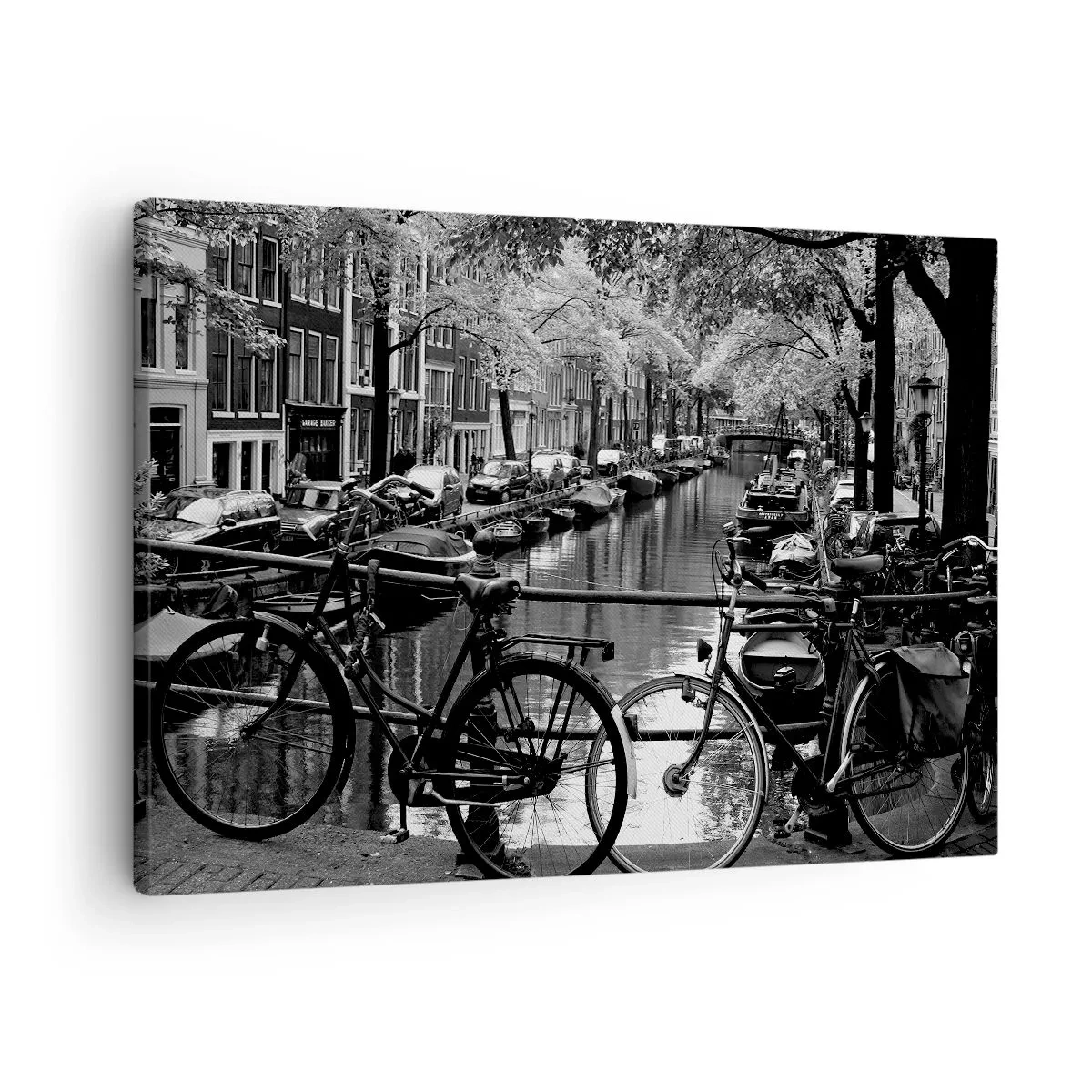 Impression sur toile - Image sur toile - Canal avec des vélos en photographie noir et blanc - 70x50cm - Une vue très hollandaise - Décoration murale moderne pour le salon et la chambre ARTTOR