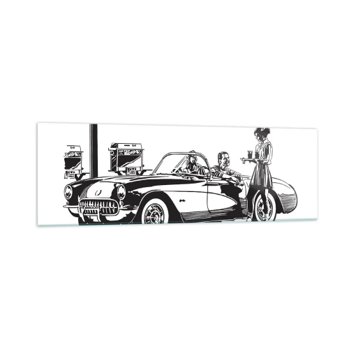 Impression sur verre - Image sur verre - Une scène rétro en noir et blanc avec une voiture et une serveuse en patins à roulettes. - 160x50cm - 60's - Amérique insouciante - Décoration murale moderne pour le salon et la chambre ARTTOR