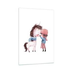 Impression sur verre - Image sur verre - Une fille et une licorne dans un paysage hivernal - 70x100cm - Histoire d'hiver - Décoration murale moderne pour le salon et la chambre ARTTOR