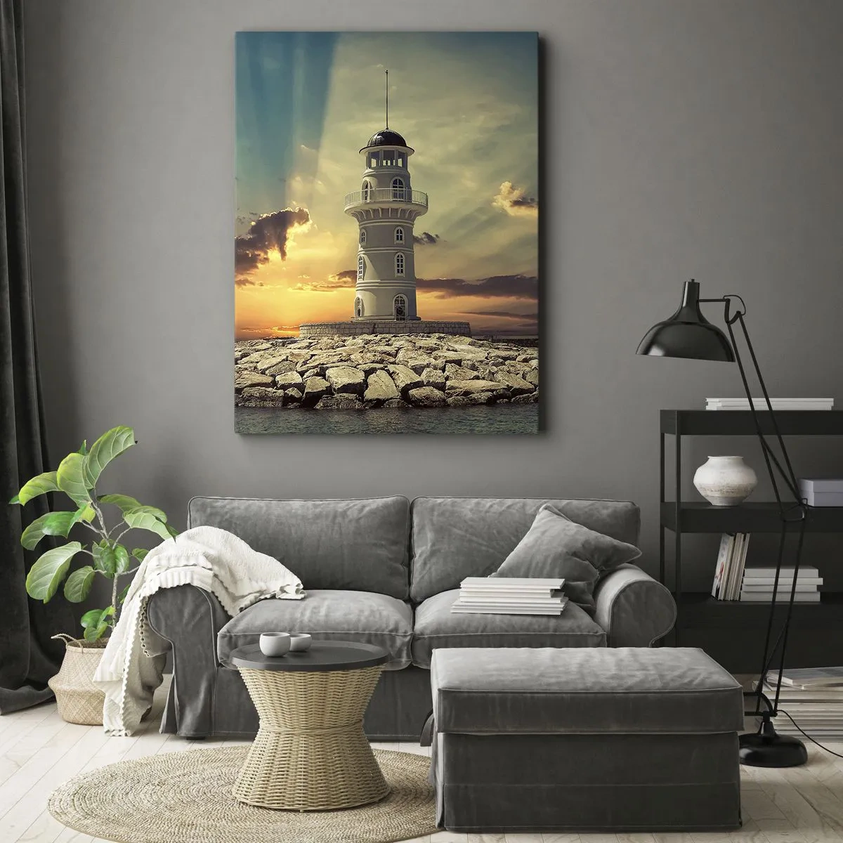 Impression sur toile - Image sur toile - Un phare au coucher du soleil contre le ciel - 70x100cm - Lumière - Bonté - Beauté - Décoration murale moderne pour le salon et la chambre ARTTOR
