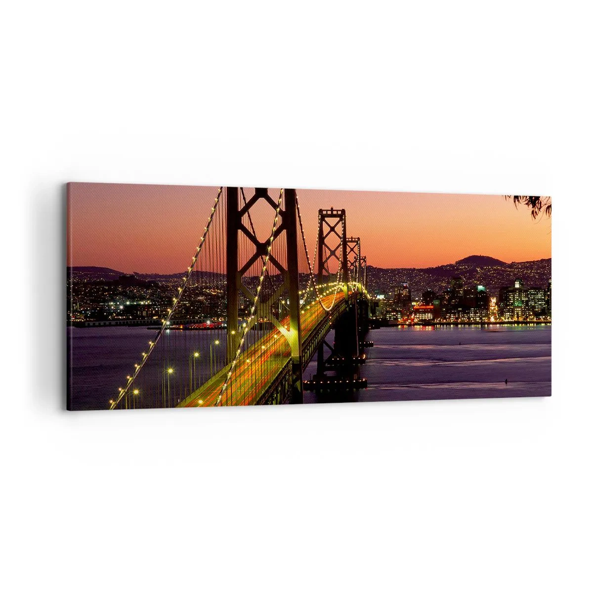 Impression sur toile - Image sur toile - Un pont illuminé la nuit au-dessus de l'eau avec une vue panoramique sur la ville - 120x50cm - Soirée violette - Décoration murale moderne pour le salon et la chambre ARTTOR