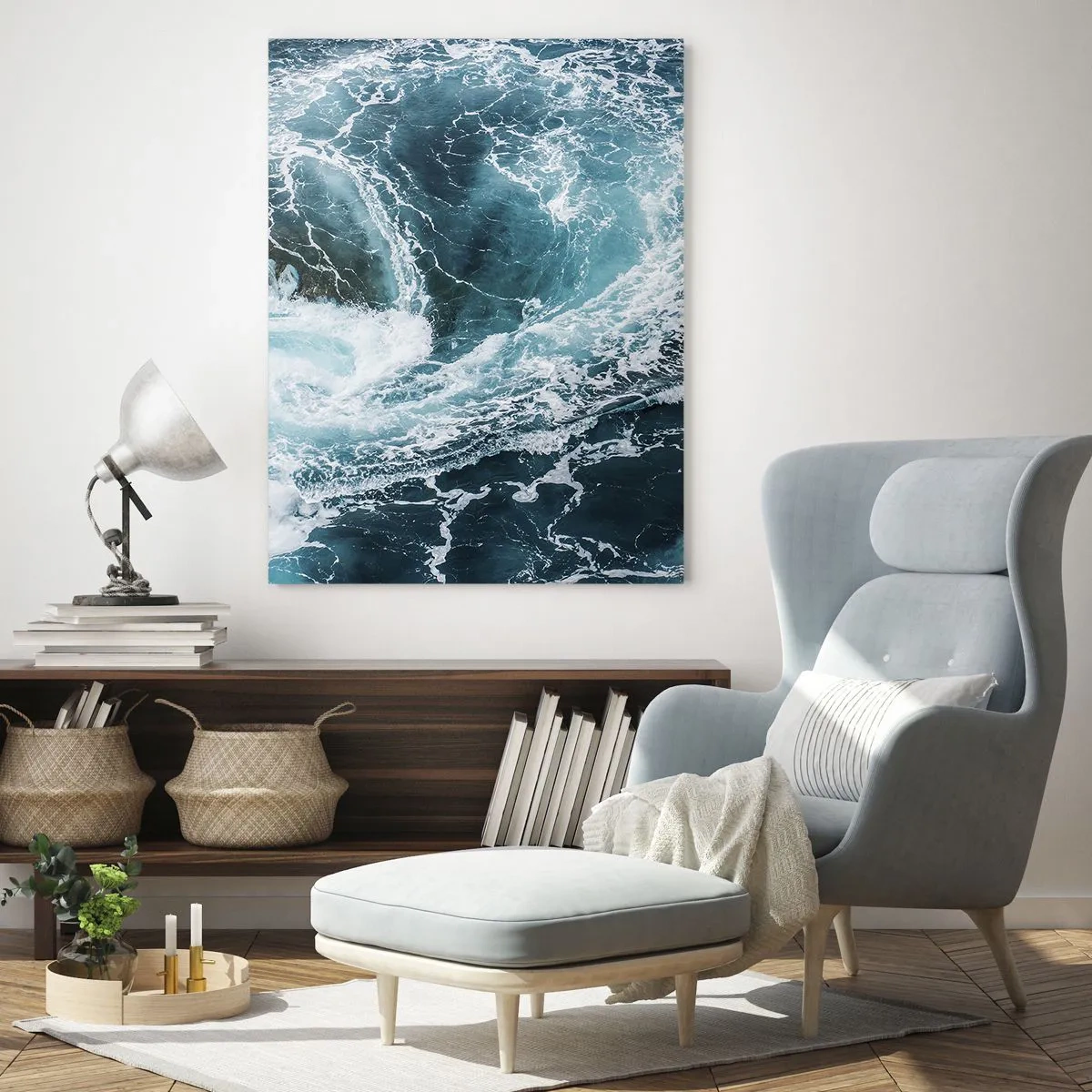 Impression sur verre - Image sur verre - Un tourbillon océanique entouré de vagues blanches dans une eau bleue - 50x70cm - La porte vers le centre de la Terre - Décoration murale moderne pour le salon et la chambre ARTTOR