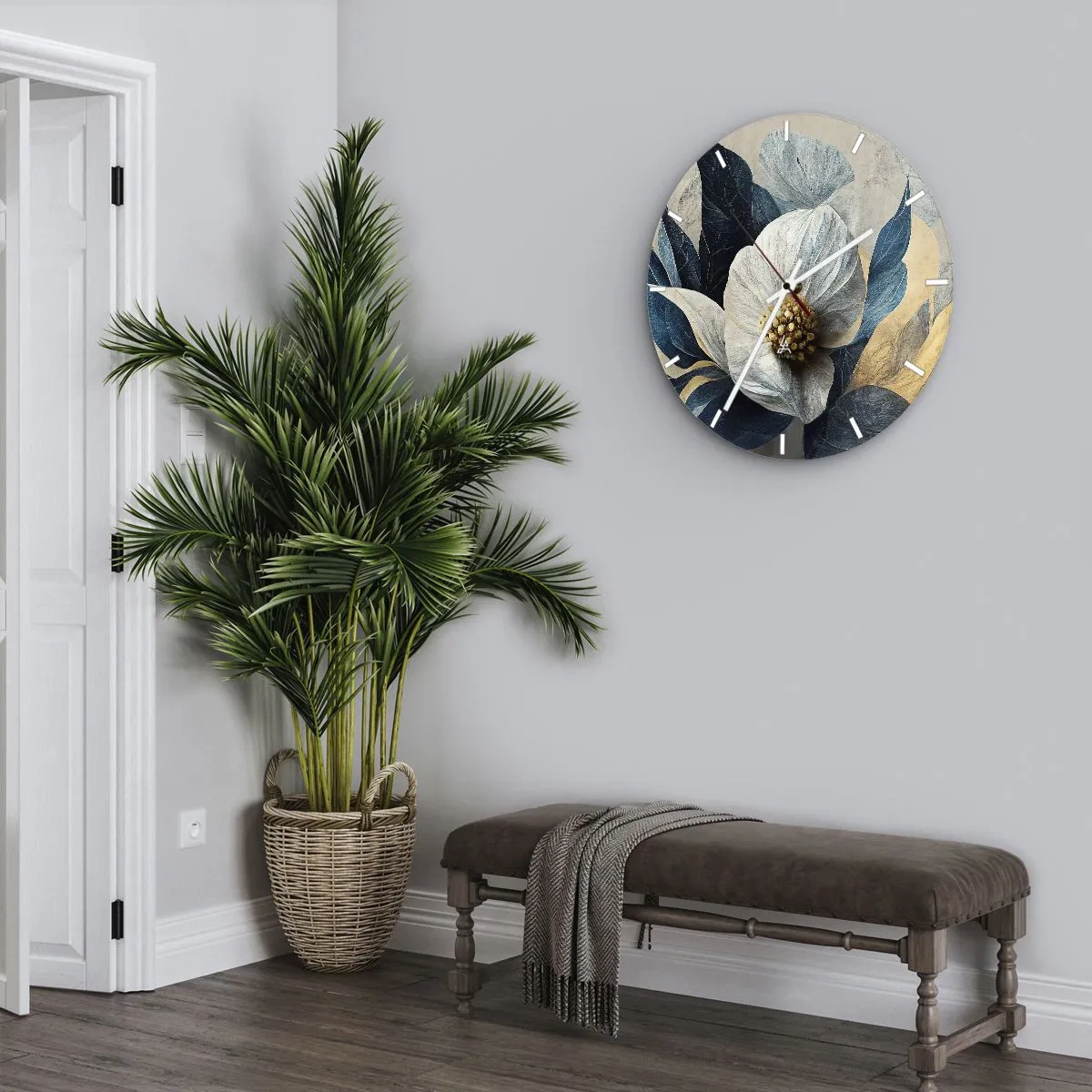 Horloge murale - Pendule murale - Une composition florale blanche avec des feuilles bleu marine et un centre doré - 30x30cm - Il a un coeur d'or - Décoration murale moderne pour le salon, la cuisine et la chambre ARTTOR