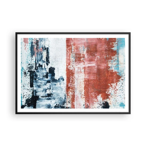 Affiche dans un cadre noir - Poster - Abstraction aux couleurs blanc, bleu et brique - 100x70cm - Moitié-moitié abstrait - Décoration murale moderne pour le salon et la chambre ARTTOR