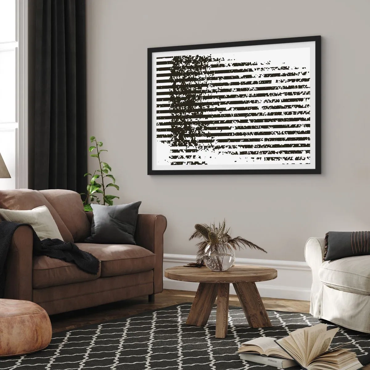 Affiche dans un cadre noir - Poster - Lignes abstraites avec un effet vieilli en noir et blanc - 100x70cm - Rythme et bruissement - Décoration murale moderne pour le salon et la chambre ARTTOR