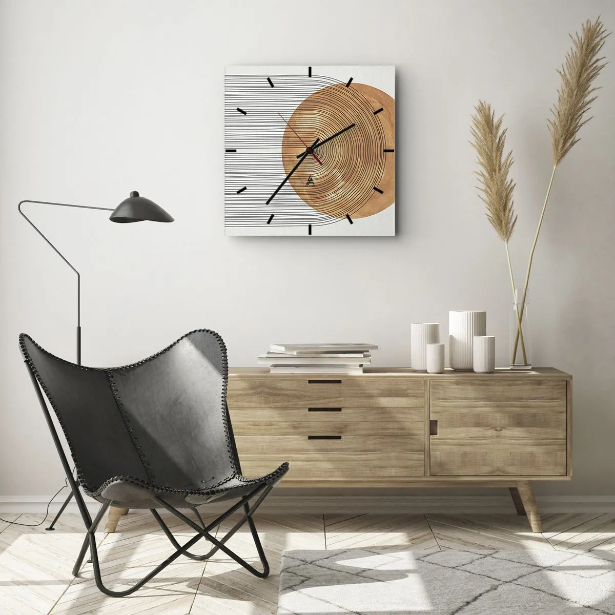 Horloge murale - Pendule murale - Composition géométrique avec des cercles et des lignes aux couleurs chaudes. - 30x30cm - Composition solaire - Décoration murale moderne pour le salon et la chambre ARTTOR
