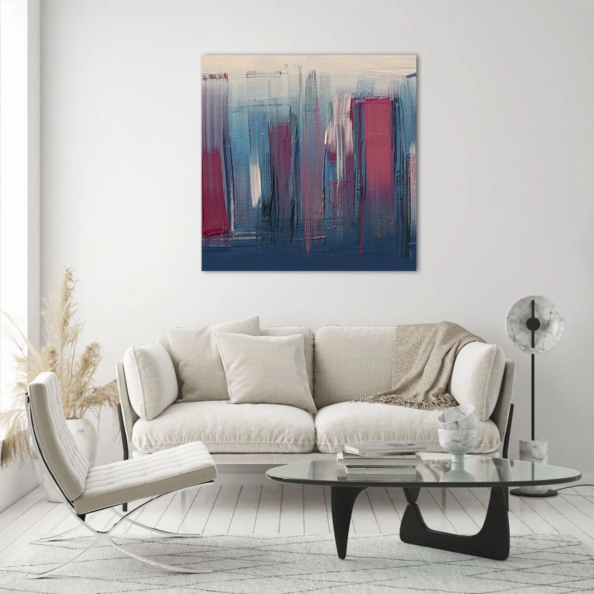 Impression sur verre - Image sur verre - Composition verticale en bleu et rouge - 40x40 cm