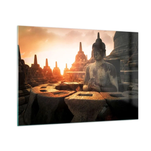 Impression sur verre - Image sur verre - Une statue de Bouddha illuminée par le soleil couchant dans un ancien complexe de temples - 100x70cm - Temps de grande sagesse - Décoration murale moderne pour le salon et la chambre ARTTOR