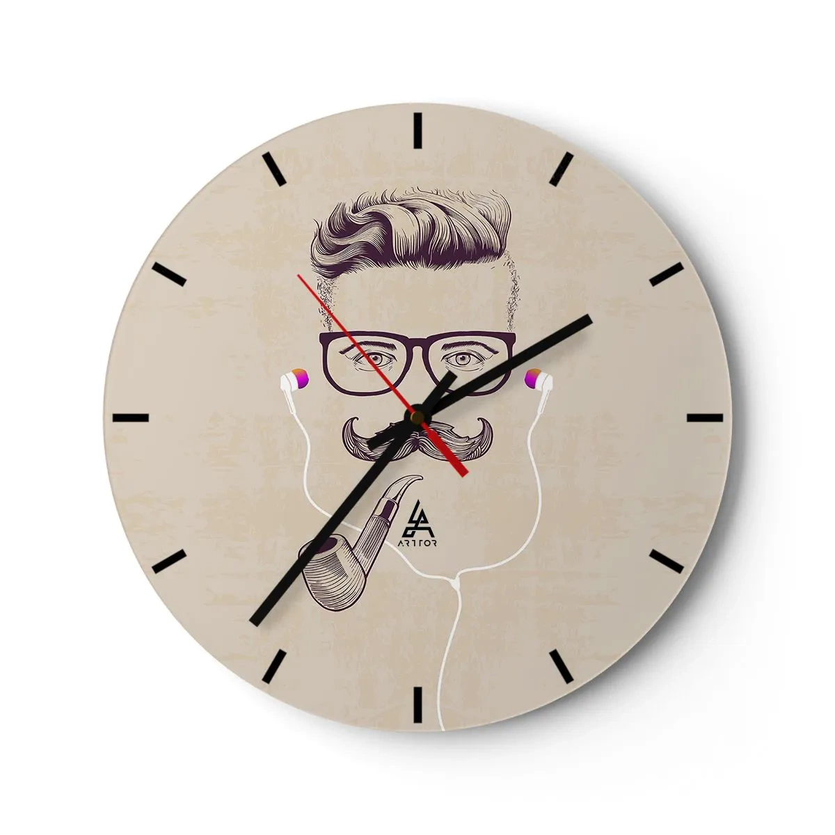 Horloge murale - Pendule murale - Illustration d'un visage avec une moustache, des lunettes, une pipe et des écouteurs - 30x30cm - Un vrai homme? - Décoration murale moderne pour le salon, la cuisine et la chambre ARTTOR