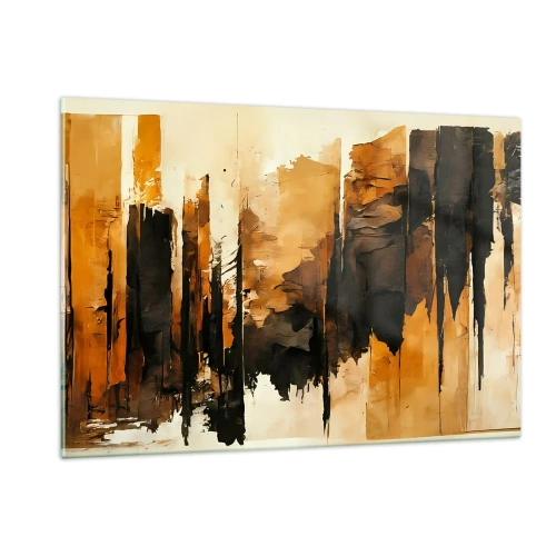 Impression sur verre - Image sur verre - Abstraction brun doré avec des structures verticales - 120x80cm - Harmonie de noir et d'or - Décoration murale moderne pour le salon et la chambre ARTTOR
