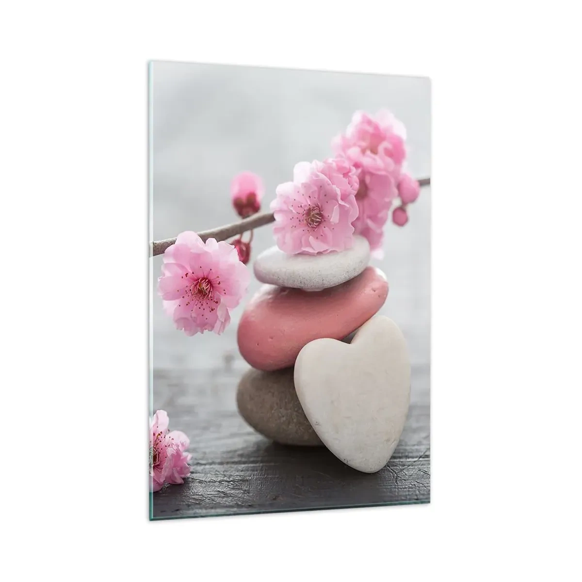 Impression sur verre - Image sur verre - Fleurs de cerisier délicates avec des pierres en forme de cœur - 80x120cm - Le bonheur avec une fleur de cerisier - Décoration murale moderne pour le salon et la chambre ARTTOR