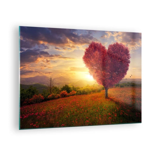 Impression sur verre - Image sur verre - Un arbre en forme de cœur dans un champ au coucher du soleil - 70x50cm - Touche le cœur - Décoration murale moderne pour le salon et la chambre ARTTOR