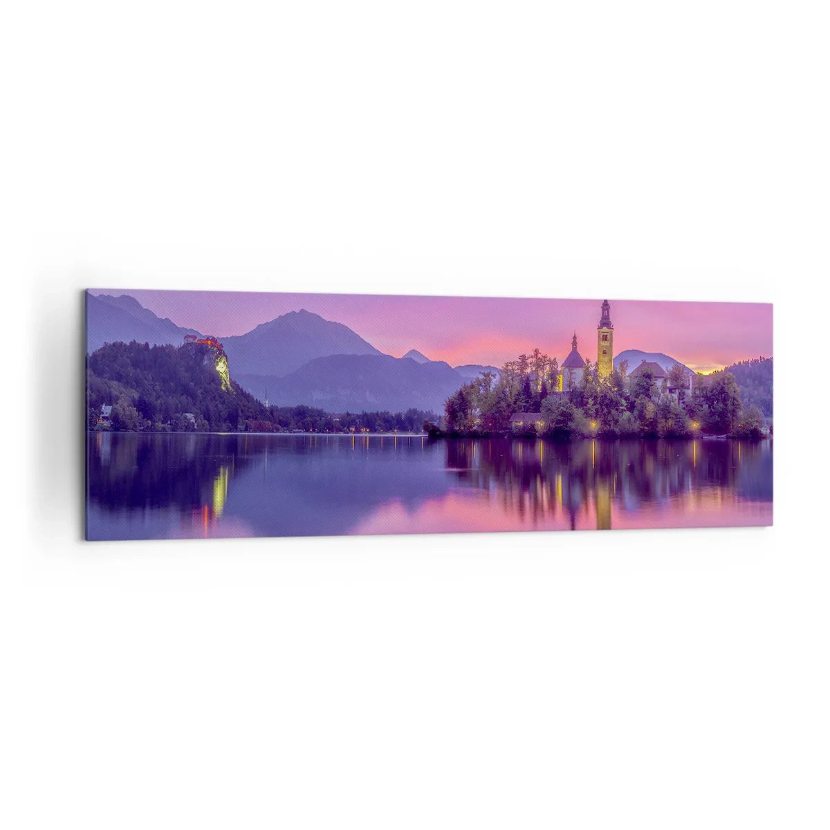 Impression sur toile - Image sur toile - Lac avec une île et une église au coucher du soleil - 160x50cm - Une île de conte de fées au crépuscule - Décoration murale moderne pour le salon et la chambre ARTTOR