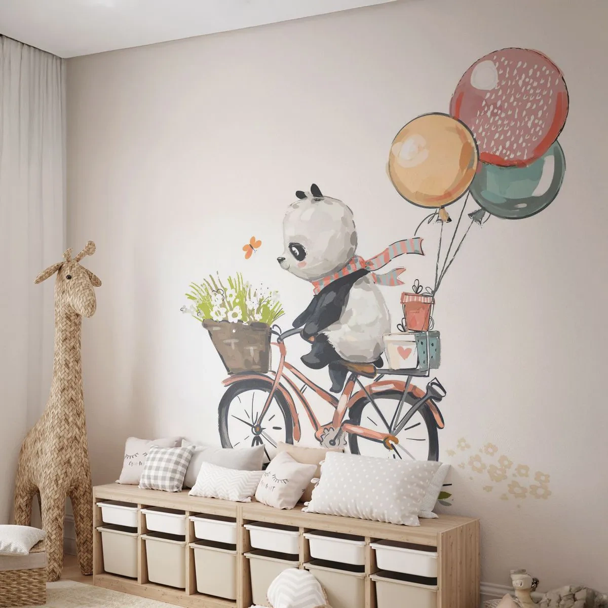 Papier Peint Autocollant Deluxe Sticker - Jour de chance - Pour les enfants, Panda sur un vélo, Abstraction - 250x175 cm