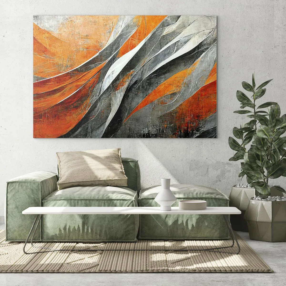 Impression sur verre - Image sur verre - Des stries abstraites dans des tons orange et gris - 70x50cm - Chaleur et froid - Décoration murale moderne pour le salon et la chambre ARTTOR