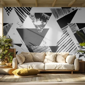 Papier Peint Photo Premium Canvas - Motifs géométriques de forme minimaliste en noir et blanc - 100x70cm - Pluie de triangles - Décoration murale moderne pour le salon et la chambre ARTTOR