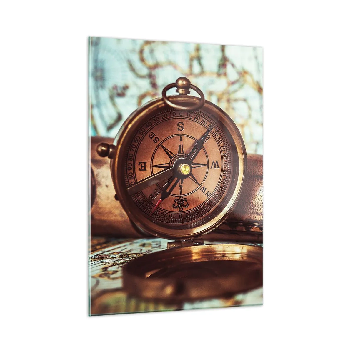 Impression sur verre - Image sur verre - Une boussole et une carte antiques sur fond d'aventures de pirates - 50x70cm - Une aventure de pirates dans les Caraïbes vous attend - Décoration murale moderne pour le salon et la chambre ARTTOR