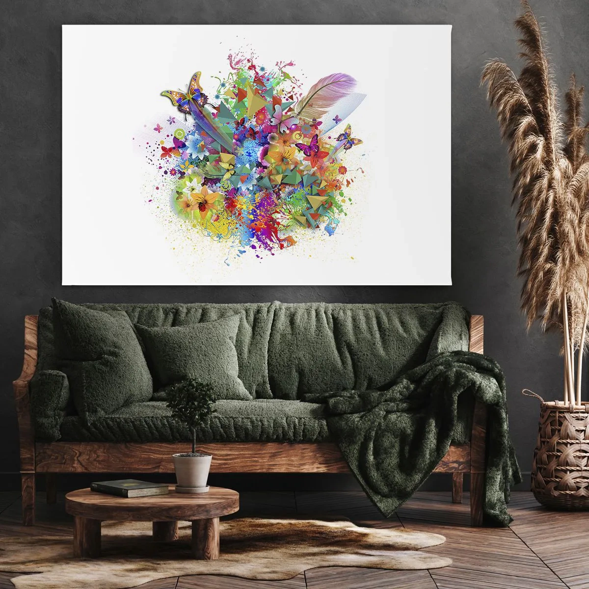Impression sur toile - Image sur toile - Motif coloré avec des fleurs et des papillons - 100x70cm - Un bouquet de joie - Décoration murale moderne pour le salon et la chambre ARTTOR