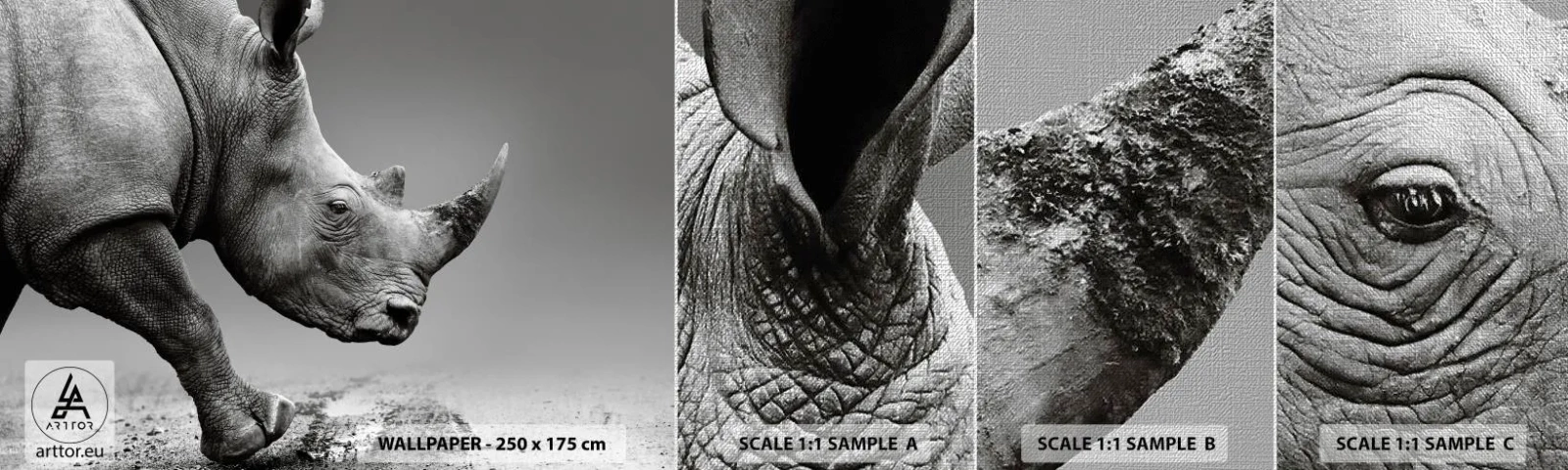 Échantillon de Papier Peint Premium Canvas - Force inarrêtable - Rhinocéros, Animaux, Afrique - 100x30 cm