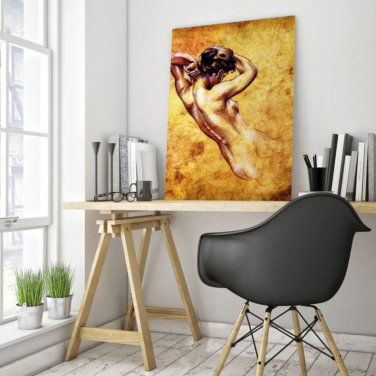 Impression sur verre - Image sur verre - Nu féminin artistique sur fond doré dans un style classique - 80x120cm - Découverte, mais toujours mystèrieuse - Décoration murale moderne pour le salon et la chambre ARTTOR