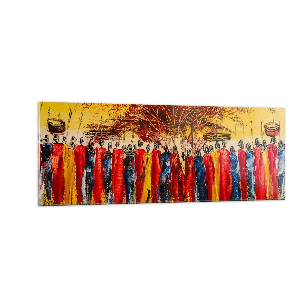 Impression sur verre - Image sur verre - Une scène colorée avec des personnages africains sur fond de soleil couchant. - 140x50cm - Là-bas, là-bas, ils vont là-bas - Décoration murale moderne pour le salon et la chambre ARTTOR