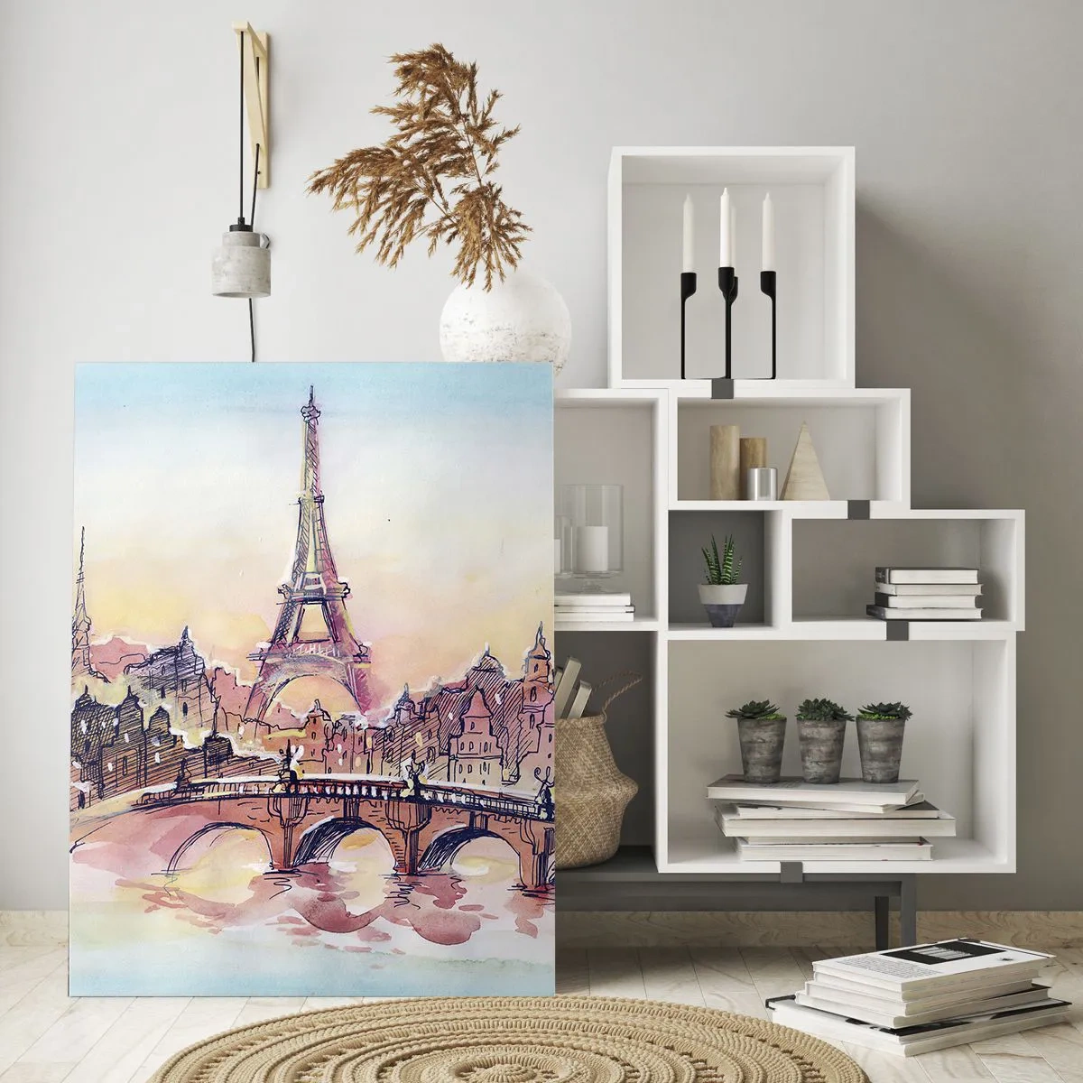 Impression sur verre - Image sur verre - Panorama aquarelle de Paris avec la Tour Eiffel au coucher du soleil - 80x120cm - La seule ville de ce type au monde - Décoration murale moderne pour le salon et la chambre ARTTOR