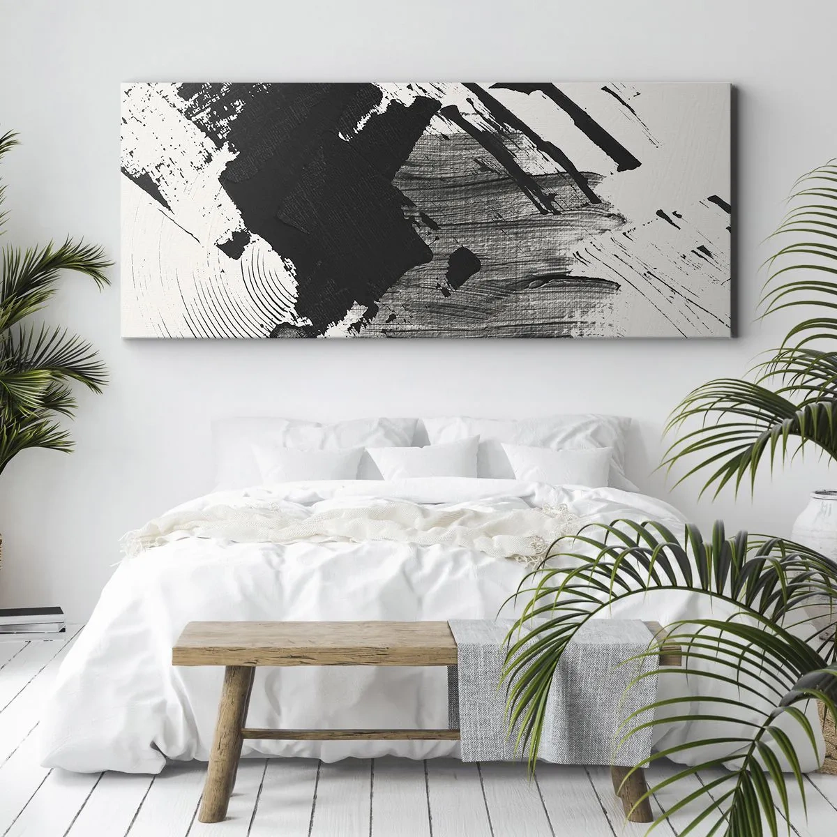 Impression sur toile - Image sur toile - Traits abstraits de noir sur fond blanc - 120x50cm - Abstraction – expression du noir - Décoration murale moderne pour le salon et la chambre ARTTOR