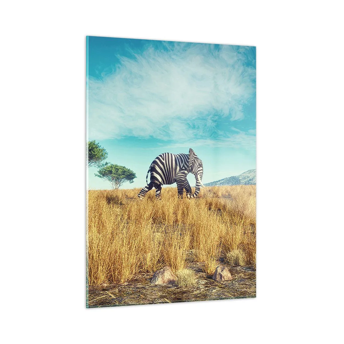 Impression sur verre - Image sur verre - Un éléphant avec des rayures de zèbre dans la savane sous le ciel - 50x70cm - Le gris n'est déjà plus à la mode - Décoration murale moderne pour le salon et la chambre ARTTOR