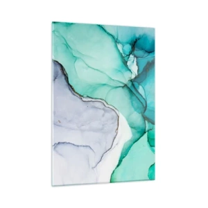 Impression sur verre - Image sur verre - Une peinture abstraite aux tons turquoise et blanc, avec des craquelures délicates. - 50x70cm - Étude de turquoise - Décoration murale moderne pour le salon et la chambre ARTTOR