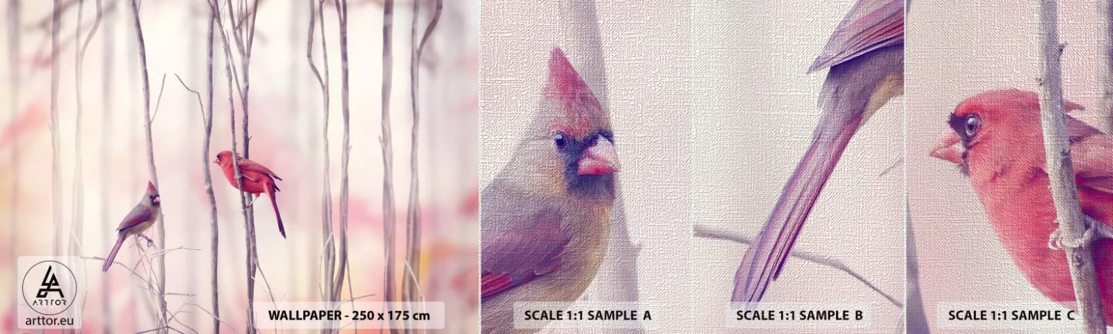 Échantillon de Papier Peint Premium Canvas - Conte de la forêt rose - Oiseau, Nature, Forêt - 100x30 cm