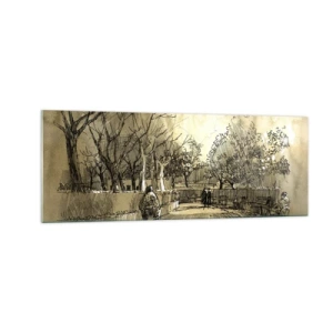 Impression sur verre - Image sur verre - Une scène de dessin animé d'un parc avec des gens marchant dans des tons chauds. - 140x50cm - Un moment arrêté avec une plume - Décoration murale moderne pour le salon et la chambre ARTTOR