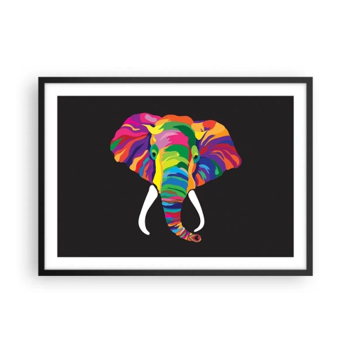 Affiche dans un cadre noir - Poster - Une image colorée d'un éléphant sur fond noir - 70x50cm - L'éléphant qui aimait se baigner dans un arc-en-ciel - Décoration murale moderne pour le salon et la chambre ARTTOR