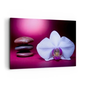 Impression sur toile - Image sur toile - Orchidée blanche et pierres sur fond rose - 120x80cm - Une étude de fraîcheur en violet - Décoration murale moderne pour le salon et la chambre ARTTOR