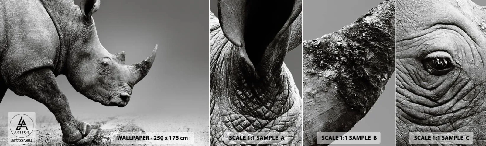 Échantillon de Papier Peint Autocollant Deluxe Sticker - Force inarrêtable - Rhinocéros, Animaux, Afrique - 100x30 cm