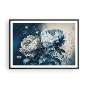 Affiche dans un cadre noir - Poster - Pivoines bleues sur un fond subtil avec un motif délicat - 100x70cm - Paire assortie - Décoration murale moderne pour le salon et la chambre ARTTOR