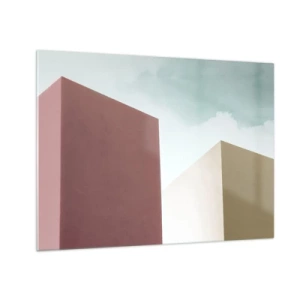 Impression sur verre - Image sur verre - Bâtiments géométriques aux couleurs pastel - 70x50cm - La géométrie d'un été ensoleillé - Décoration murale moderne pour le salon et la chambre ARTTOR