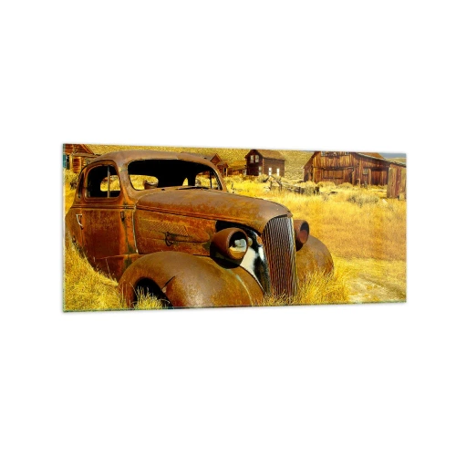 Impression sur verre - Image sur verre - Une vieille voiture rouillée sur fond de cabanes en bois abandonnées - 120x50cm - Repos bien mérité - Décoration murale moderne pour le salon et la chambre ARTTOR