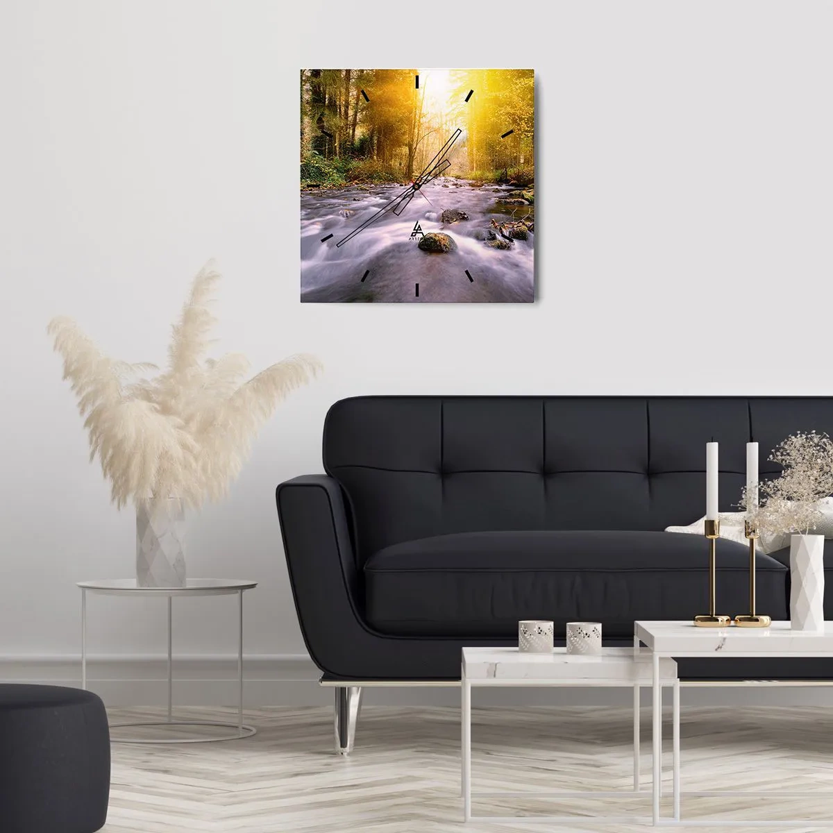 Horloge murale - Pendule murale - Un ruisseau forestier illuminé par les rayons du soleil - 30x30cm - Malachite dans un cadre argent et or - Décoration murale moderne pour le salon et la chambre ARTTOR