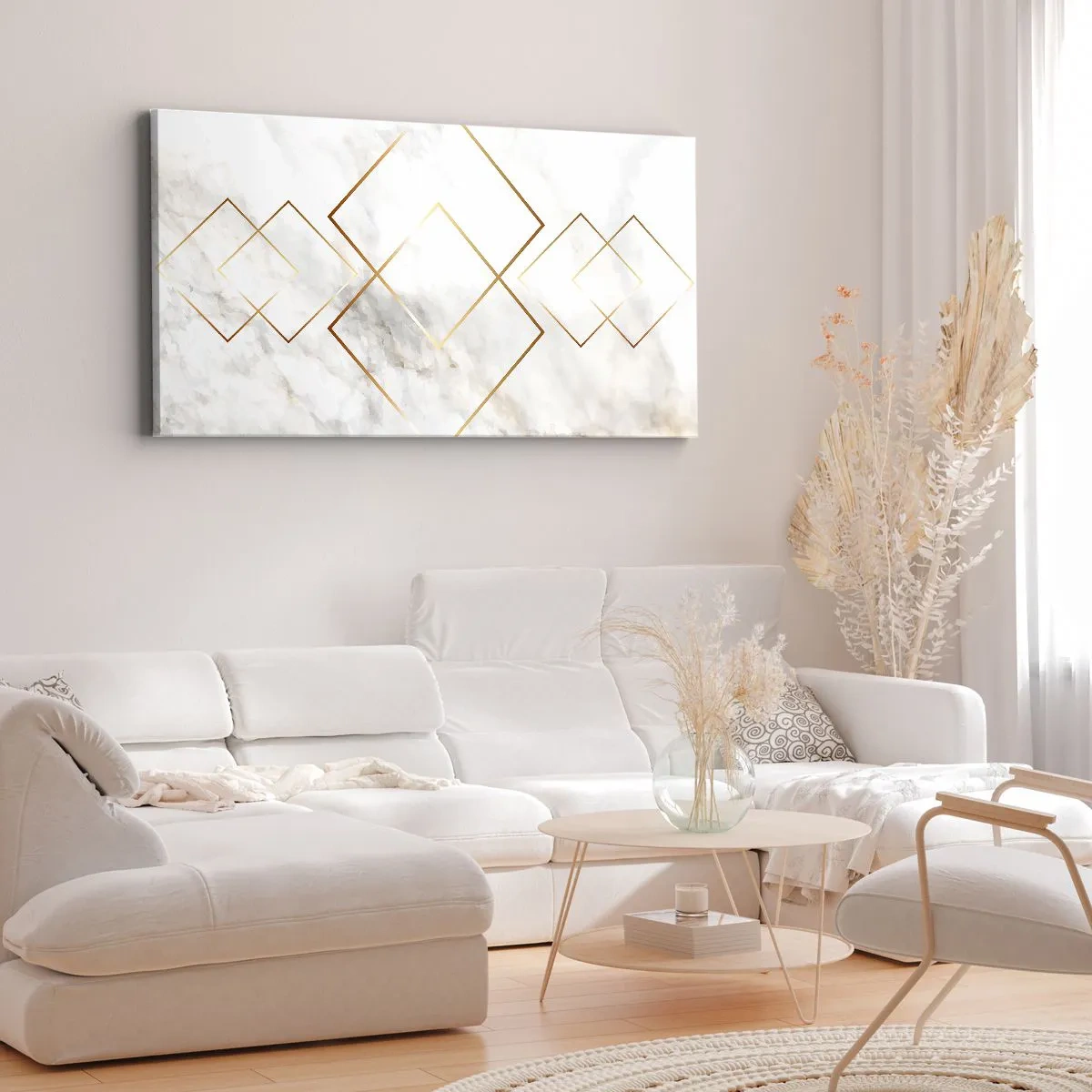 Impression sur toile - Image sur toile - Losanges dorés minimalistes sur fond de marbre - 140x50cm - Vue à l'infini - Décoration murale moderne pour le salon et la chambre ARTTOR