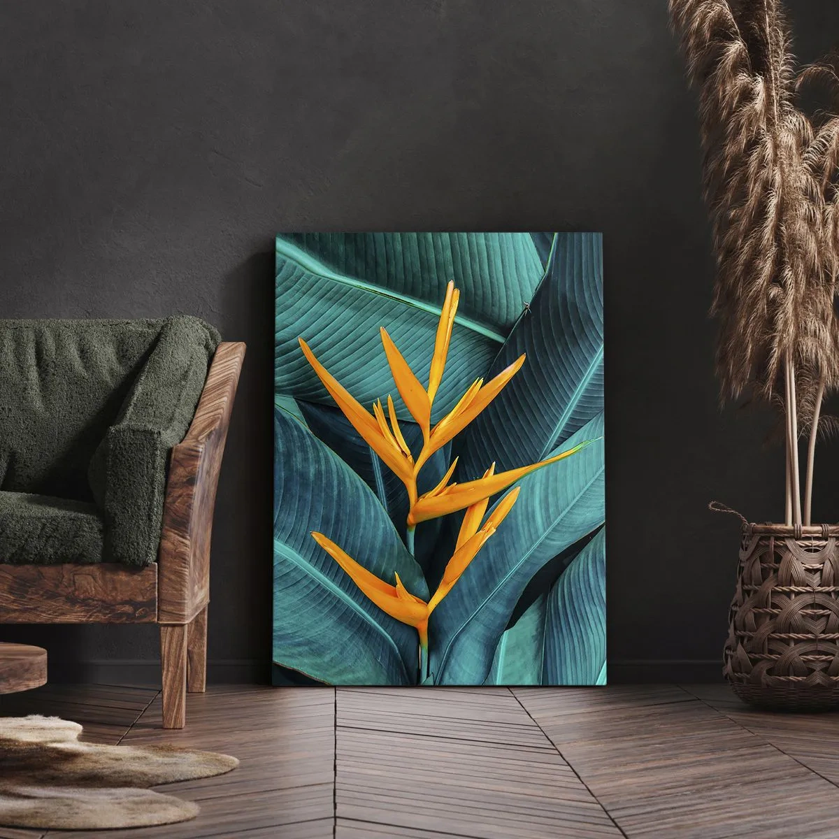 Impression sur toile - Image sur toile - Une fleur exotique sur fond de feuilles de bananier aux tons turquoise. - 70x100cm - Fleur d'Eden - Décoration murale moderne pour le salon et la chambre ARTTOR
