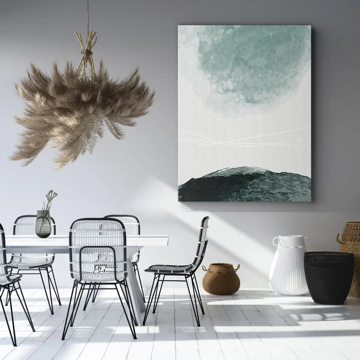 Impression sur toile - Image sur toile - Une délicate composition abstraite dans des tons de vert avec des formes subtiles sur un fond clair. - 50x70cm - Rencontre avec le brouillard - Décoration murale moderne pour le salon et la chambre ARTTOR