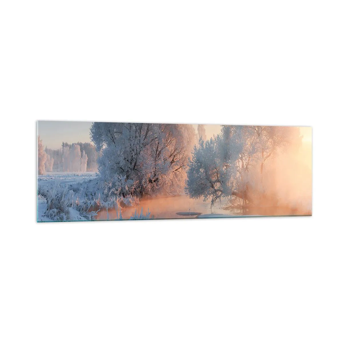 Impression sur verre - Image sur verre - Paysage d'hiver avec des arbres enneigés et un coucher de soleil - 160x50cm - Tout dans le soleil brille en cristal - Décoration murale moderne pour le salon et la chambre ARTTOR