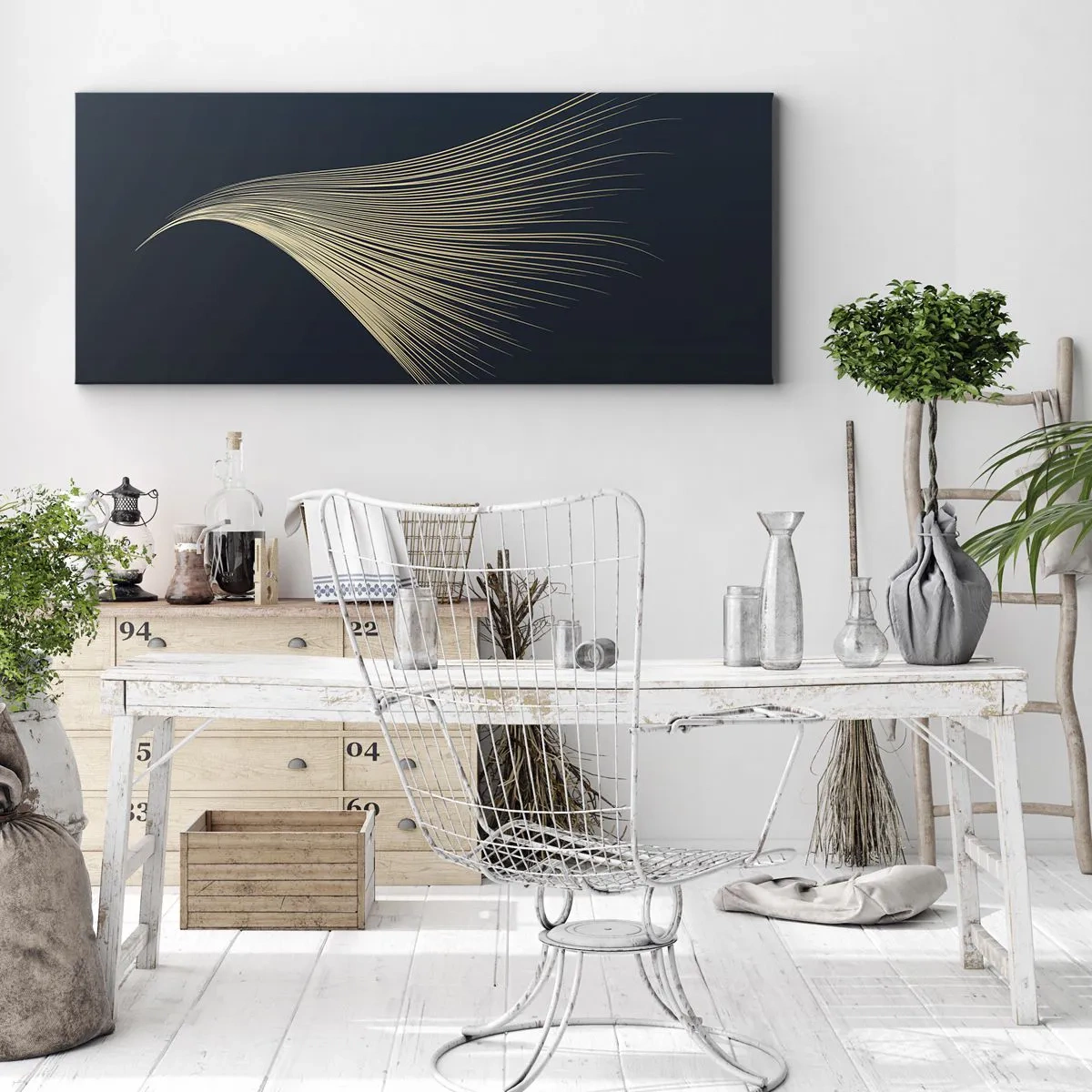 Impression sur toile - Image sur toile - Une ligne délicate en forme de plume sur un fond bleu marine - 160x50cm - Comme les cheveux d'un ange - Décoration murale moderne pour le salon et la chambre ARTTOR