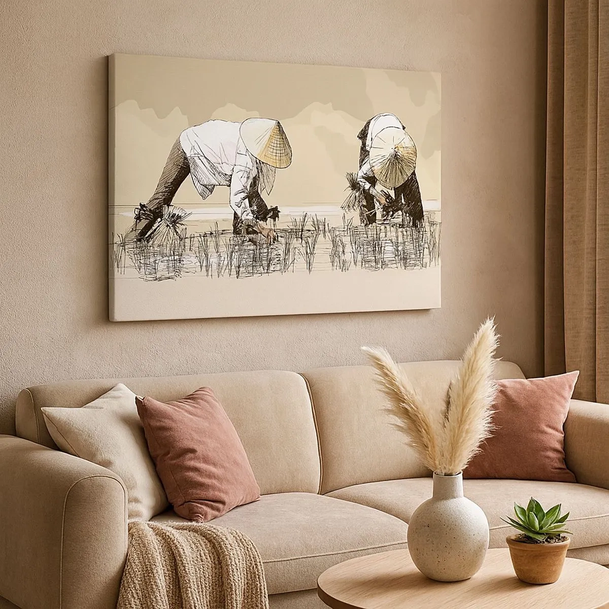 Impression sur toile - Image sur toile - Des agriculteurs travaillant dans une rizière portant des coiffures traditionnelles - 70x50cm - Récolte réussie - Décoration murale moderne pour le salon et la chambre ARTTOR