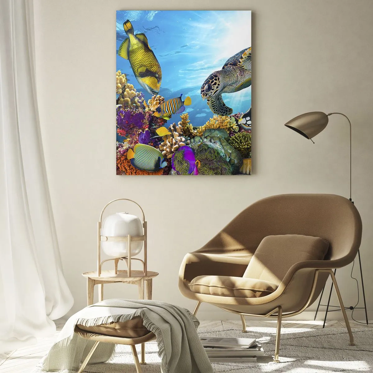 Impression sur verre - Image sur verre - Monde sous-marin avec des poissons colorés et une tortue dans le corail - 70x100cm - Promenade de corail - Décoration murale moderne pour le salon et la chambre ARTTOR