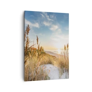 Impression sur toile - Image sur toile - Une plage pittoresque avec de l'herbe et le soleil couchant - 50x70cm - Plage du nord - Décoration murale moderne pour le salon et la chambre ARTTOR