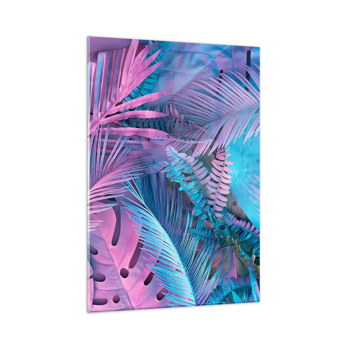 Impression sur verre - Image sur verre - Feuilles tropicales dans des tons de rose et de bleu sur un fond néon - 50x70cm - Les tropiques en rose et bleu - Décoration murale moderne pour le salon et la chambre ARTTOR